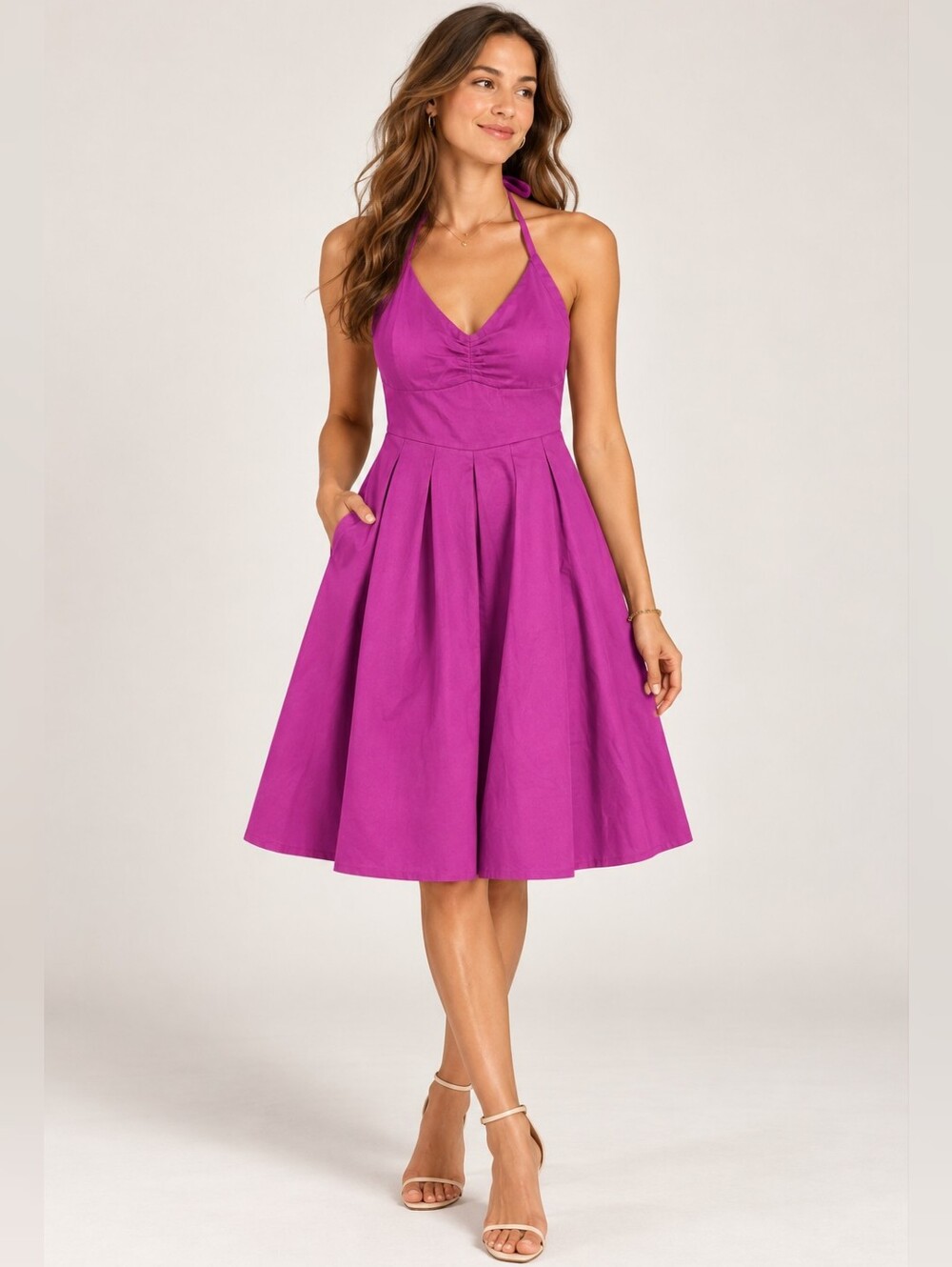 Women's Cotton Halter Fit & Flare Dress, Retro Summer Sundress, Size 8